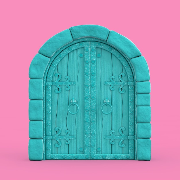 Puerta de castillo cerrada de arco medieval azul en representación 3d de estilo duotono