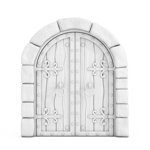 Puerta de castillo cerrada de arco medieval blanco en renderizado 3d estilo arcilla