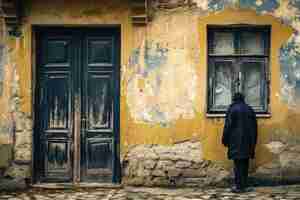 Foto una puerta cerrada con una figura solitaria en el otro lado que ilustra el aislamiento sentido