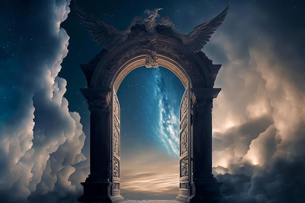 Puerta del cielo al fin de la vida del cielo Escalera al cielo Trasfondo religioso Portal entre las nubes Ilustración generativa de IA