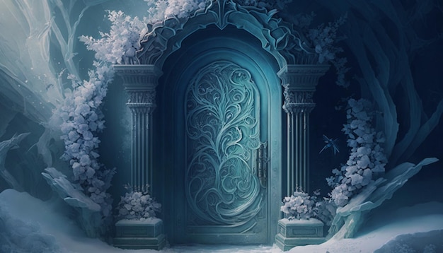 Una puerta congelada en una escena nevada con una puerta cubierta de nieve.