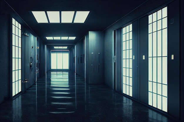 Puerta corredera de metal en el interior del pasillo de la nave espacial con puertas de luz transparentes a lo largo de las paredes ilustración 3d