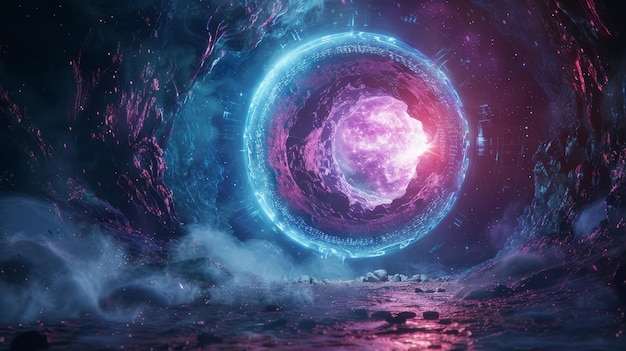 Una puerta cósmica brillando con una energía de otro mundo llamando a los viajeros a pasar y explorar nuevos mundos. Ilustración generada por IA