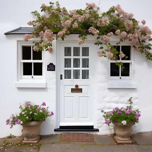 Puerta delantera blanca con pequeñas ventanas decorativas cuadradas y macetas de flores