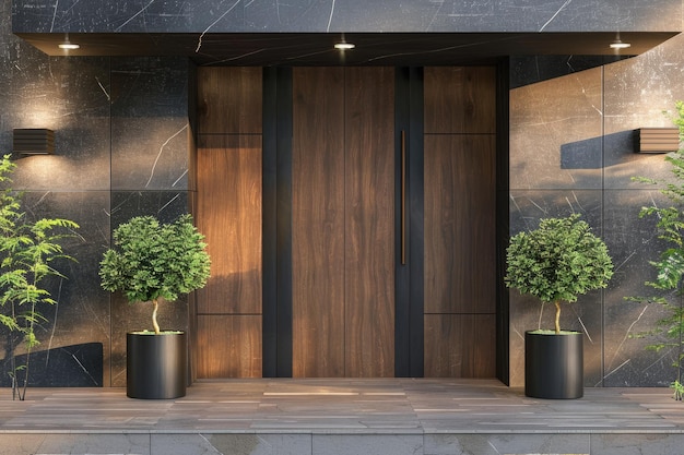 Foto puerta delantera marrón con plantas fachada de un edificio moderno con puerta moderna