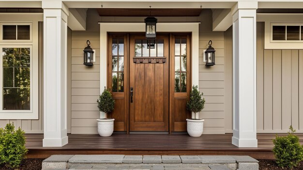 La puerta delantera y el porche cubierto de la nueva casa exterior puerta de madera sólida está flanqueada Generativo Ai