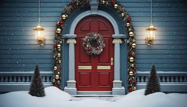 Puerta de entrada con adornos en Nochevieja o Navidad.