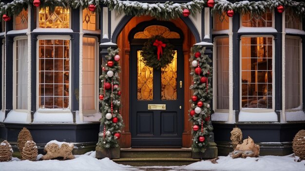 puerta de entrada arafed con adornos navideños y una corona en el frente ai generativo