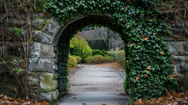 Puerta de entrada de arco de piedra cubierta con hiedra Arco al parque en la temporada de invierno Generativo Ai