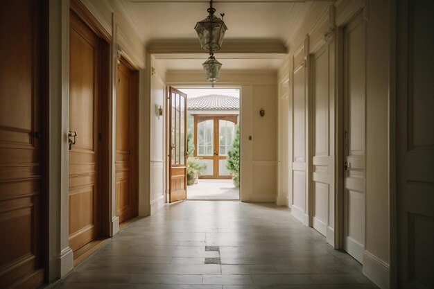 La puerta de entrada de la casa y un pequeño pasillo con otras puertas.