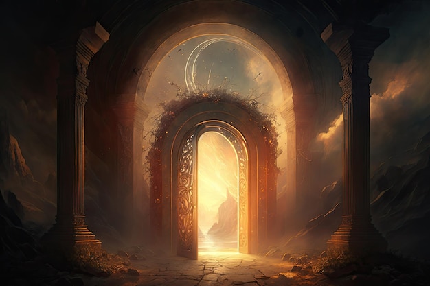 Puerta de entrada celestial con una luz cálida y acogedora que fluye desde el interior