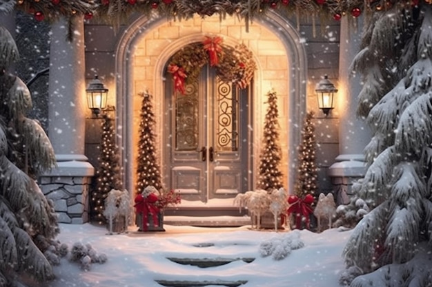 Una puerta de entrada cubierta de nieve con una corona roja