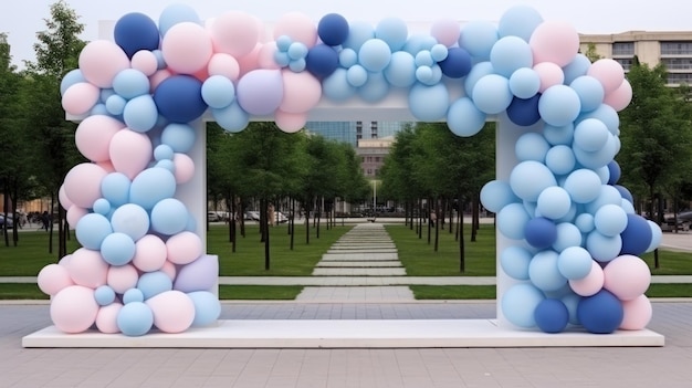 una puerta de entrada está decorada con globos multicolores IA generativa