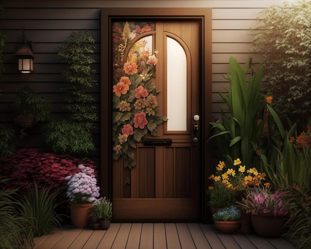 Puerta de entrada de madera automática marrón con jardín de flores IA generativa