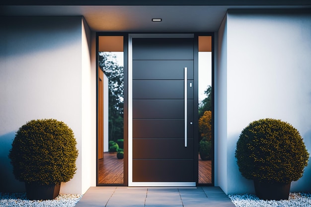 Puerta de entrada moderna de metal y vidrio a una casa IA generativa