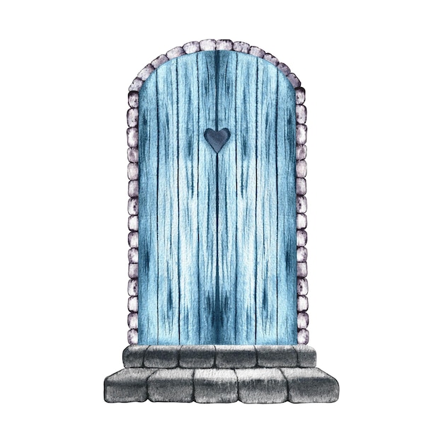 La puerta es retro azul vintage puerta de madera arqueada una ilustración de acuarela hecha a mano