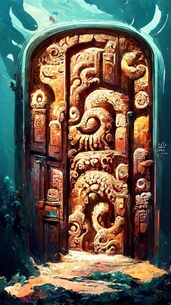 Puerta de estilo maya bajo el mar ilustración 3D