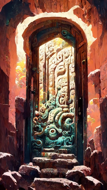 Puerta de estilo maya bajo el mar ilustración 3D