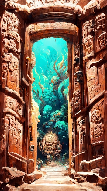 Puerta de estilo maya bajo el mar ilustración 3D