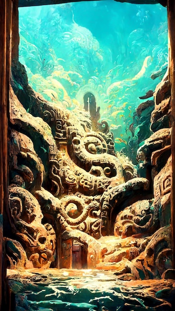 Puerta de estilo maya bajo el mar ilustración 3D