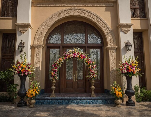 una puerta con flores en ella que dice bienvenido a la casa