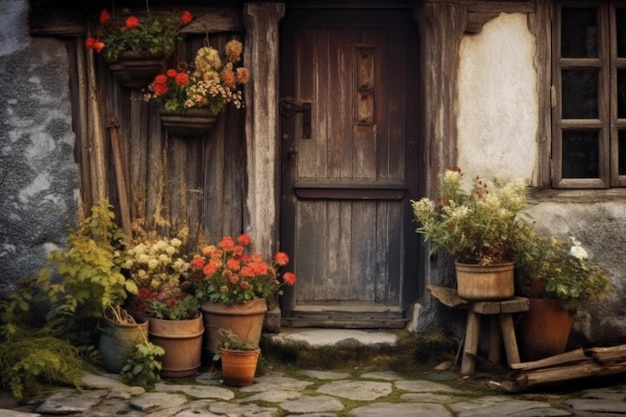 Una puerta con flores y una puerta de madera con un letrero que dice 'jardín'