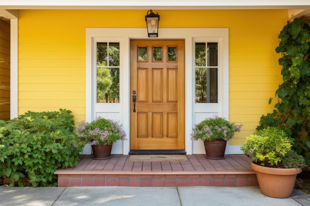 Puerta frontal de madera de la casa amarilla con reflejos en la ventana con vista al porche