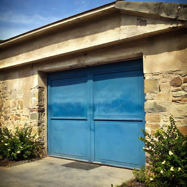 una puerta de garaje azul con una puerta azul