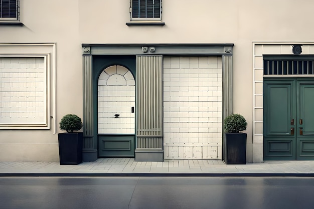 Una puerta de garaje blanca con un marco verde y el número 4.