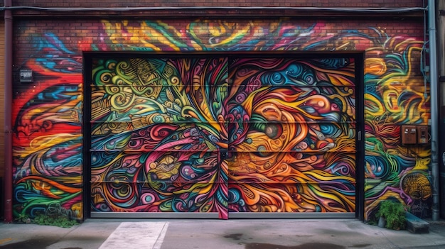 Una puerta de garaje cubierta con arte de graffiti vibrante
