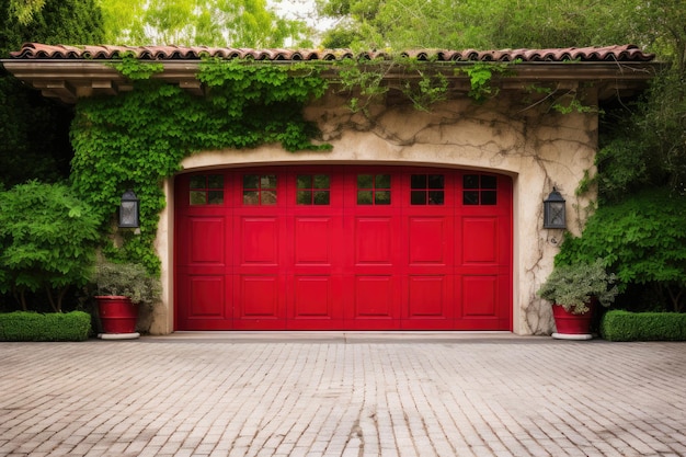 Puerta de garaje roja con un camino de entrada delante