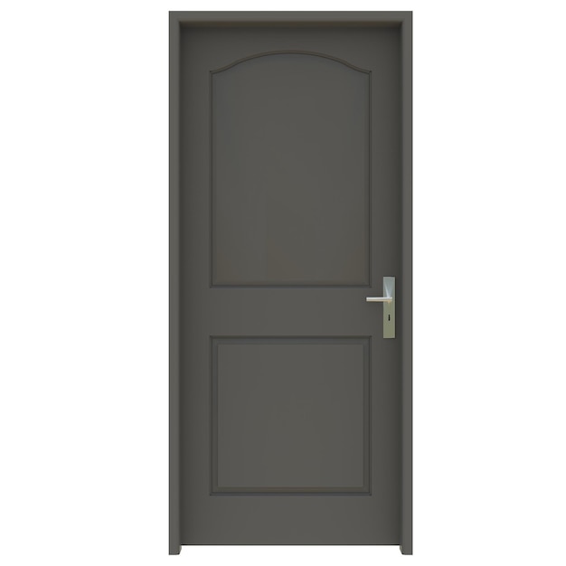 Puerta gris Un portal que ha sido descubierto posicionado contra un fondo blanco aislado