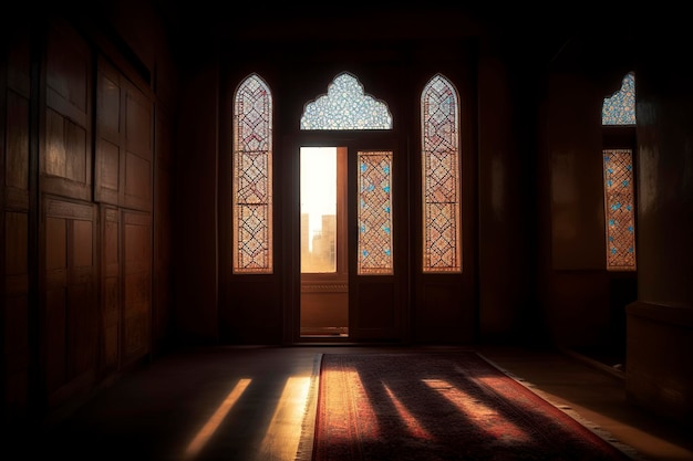 Una puerta en una habitación oscura por la que entra una luz.