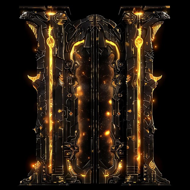 Puerta del héroe épico con armas legendarias y bestia mítica De objeto brillante Diseño de arte de neón Y2K