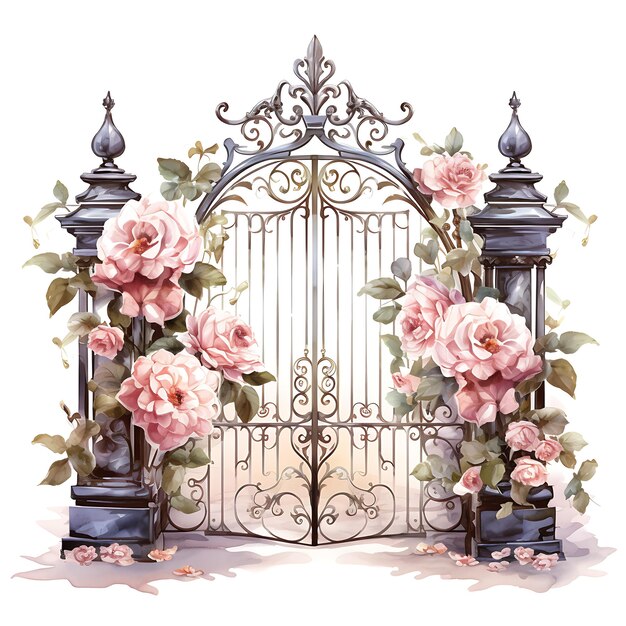 La puerta de hierro con rosas inglesas enfatiza el elegante arte de la belleza de la puerta de acuarela sobre fondo blanco