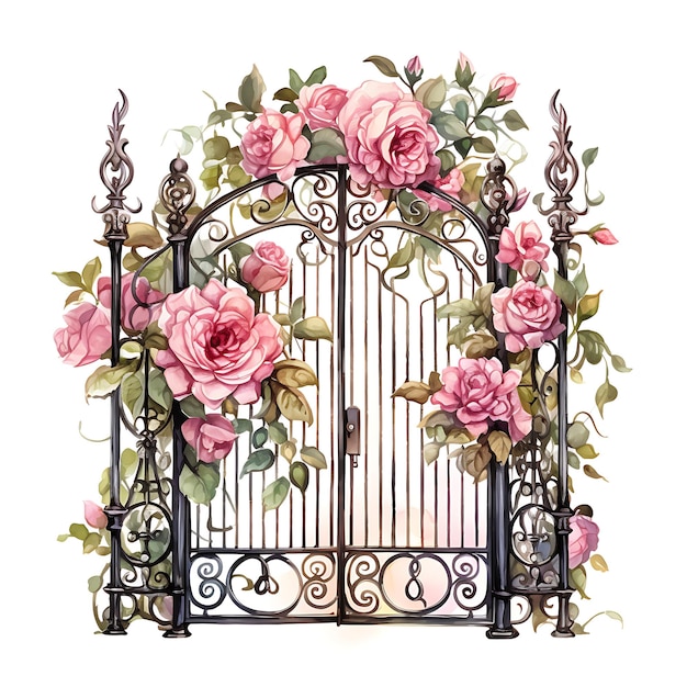 La puerta de hierro con rosas inglesas enfatiza el elegante arte de la belleza de la puerta de acuarela sobre fondo blanco