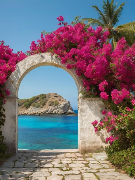 Foto puerta idílica frente al mar adornada con flores generada por la ia