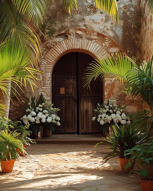 Foto puerta de la iglesia rústica adornada con ramas de palma y lirios de pascua