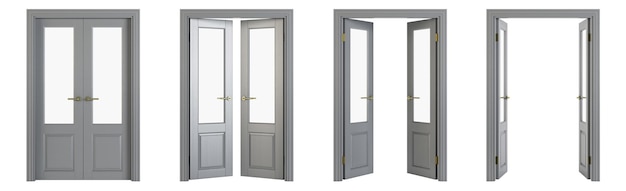 Puerta de interroom aislada sobre fondo blanco. Conjunto de puertas de madera en diferentes etapas de apertura. Representación 3D.