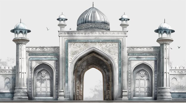Puerta islámica blanca en forma de mezquita con una cúpula redonda Edificio de mezquita sobre fondo blanco