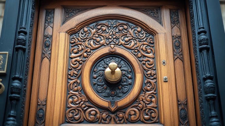 Una puerta de madera adornada con tallas intrincadas y un golpeador de latón