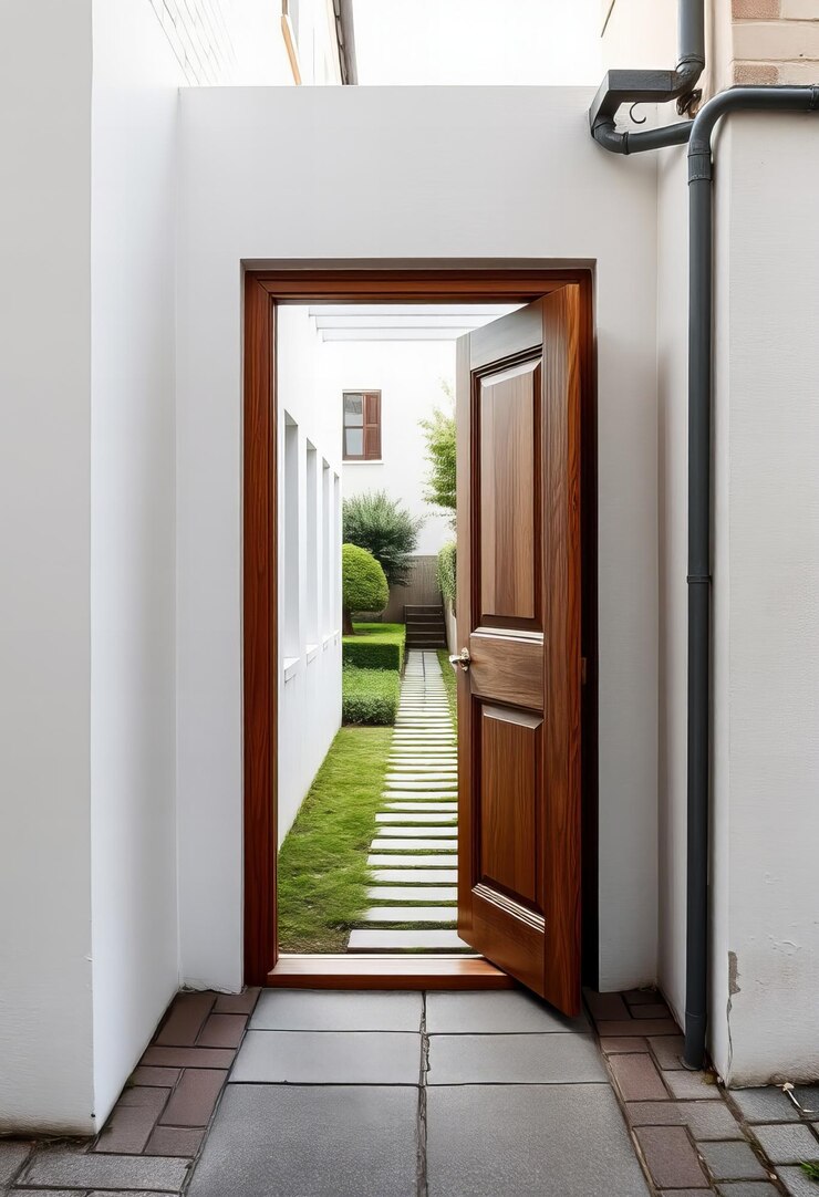 Puerta de madera en una calle tranquila abierta al camino del jardín que simboliza el descubrimiento