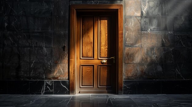 Puerta de madera contra pared de piedra IA generativa