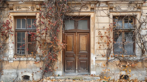 Puerta de madera desgastada con pintura beige pelada rodeada por una maraña de vides marrones secas