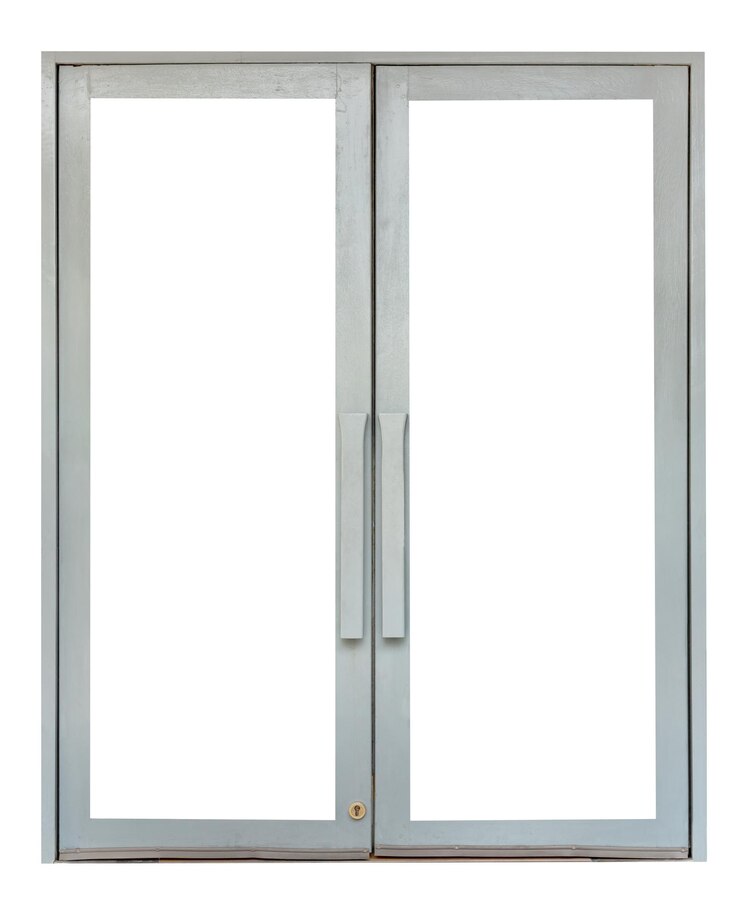 puerta de madera gris aislada en el camino de recorte de fondo blanco