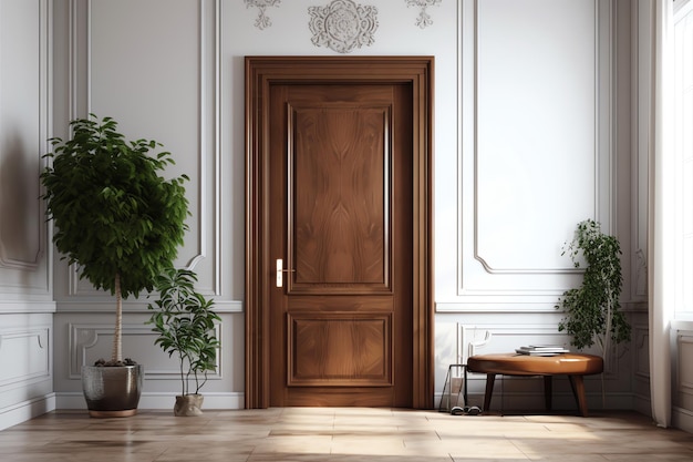 Una puerta de madera en una habitación con una planta en la pared.