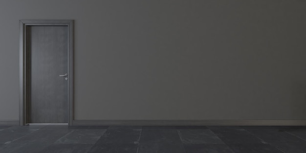 Puerta de madera negra con pared y piso de piedra negra renderizado 3D