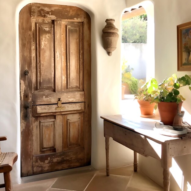 Foto una puerta de madera oscura antigua en una pared blanca