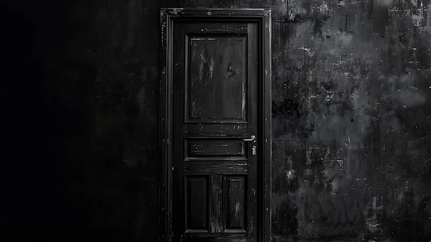 Una puerta de madera oscura está puesta en una pared grunge La puerta es vieja y desgastada con un gran mango de metal