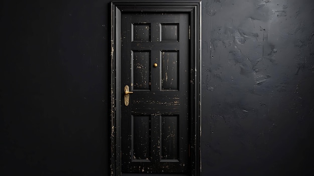 Foto una puerta de madera oscura con un mango dorado está puesta en una pared de hormigón oscura la puerta es vieja y desgastada con una grieta que corre por el medio